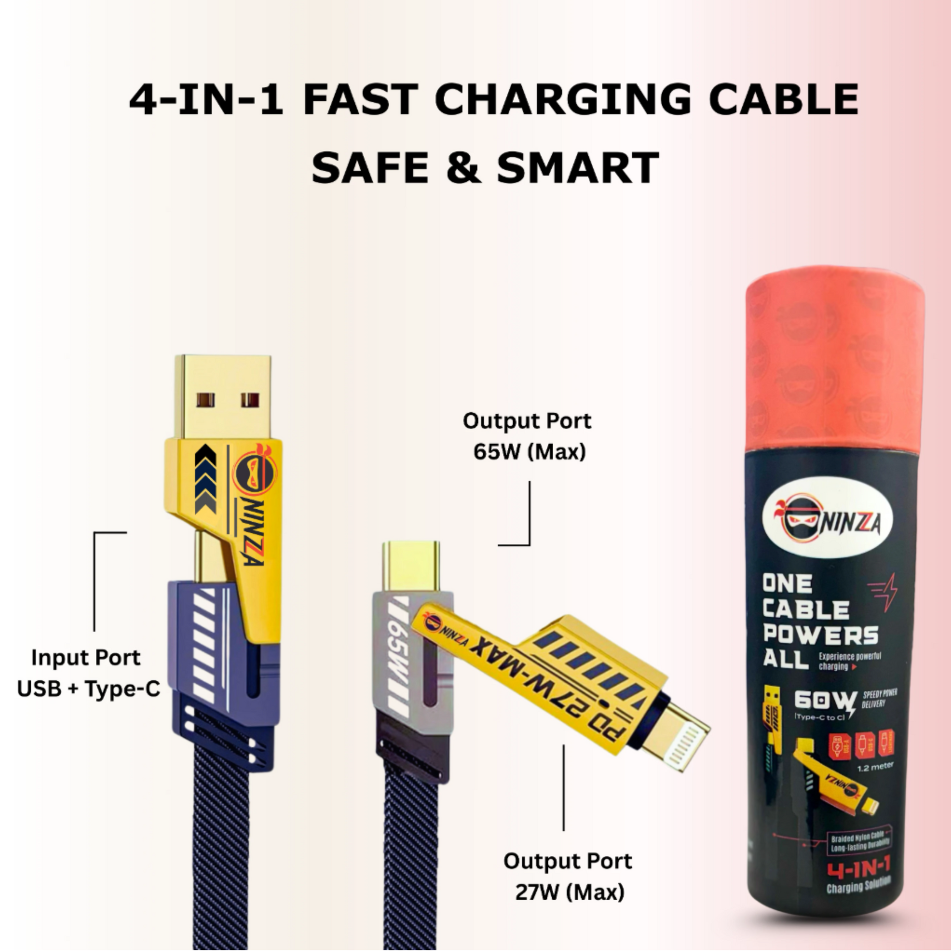Ninzza QuadCharge 4-in-1 Rugged Fast-Charge Cable – 1.2 m - Ninzza IOT